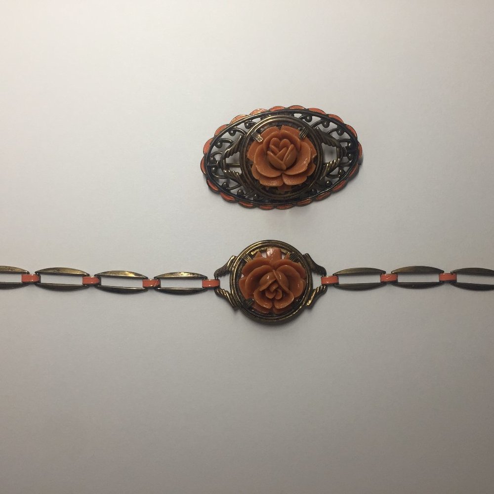Vintage- Mid Century Rose Design Brooch & Bracelet